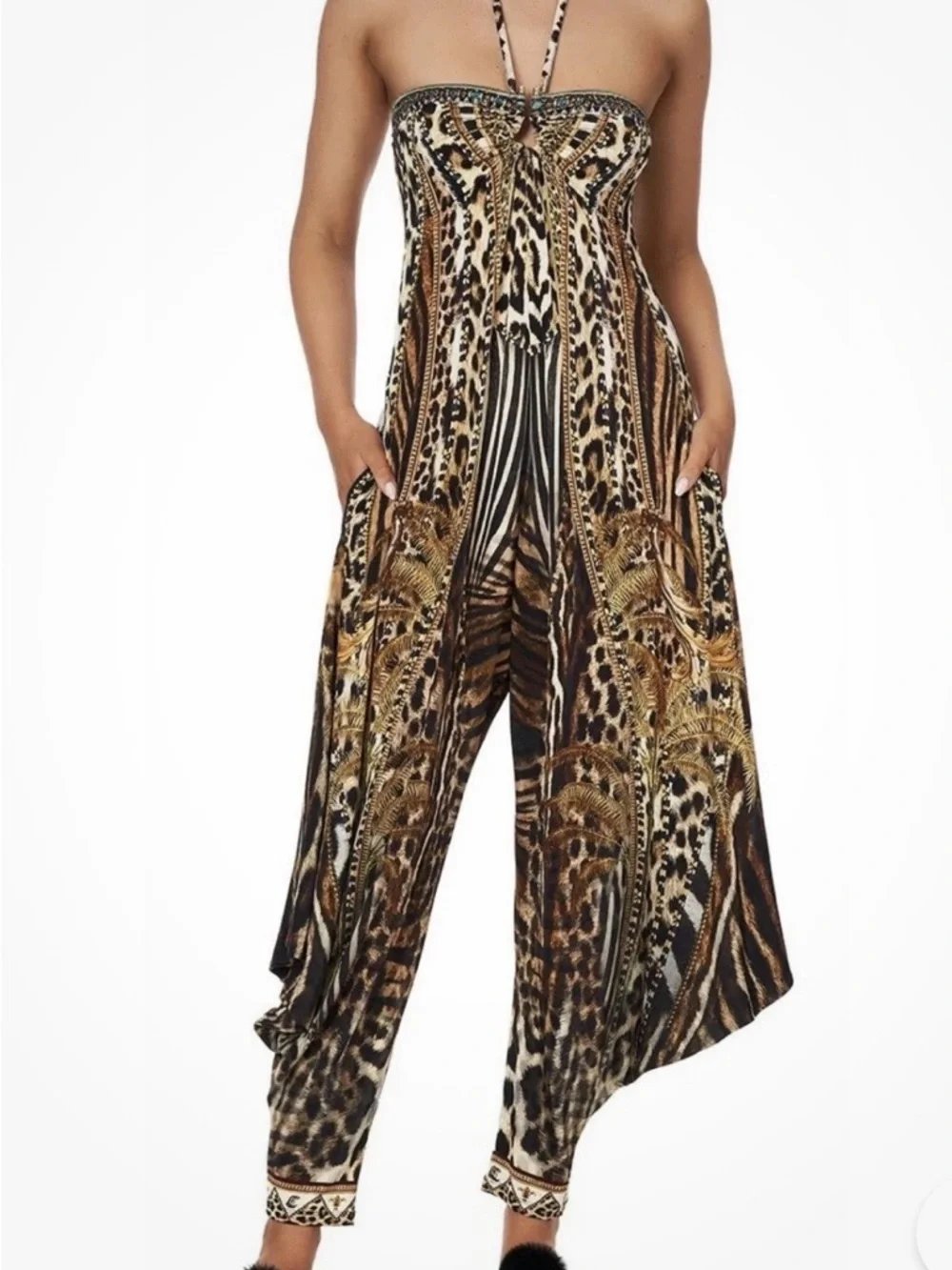 Camilla Strapless Mixed Animal-Print Harem Jumpsuit in Brown and Black - Picture 1 of 4